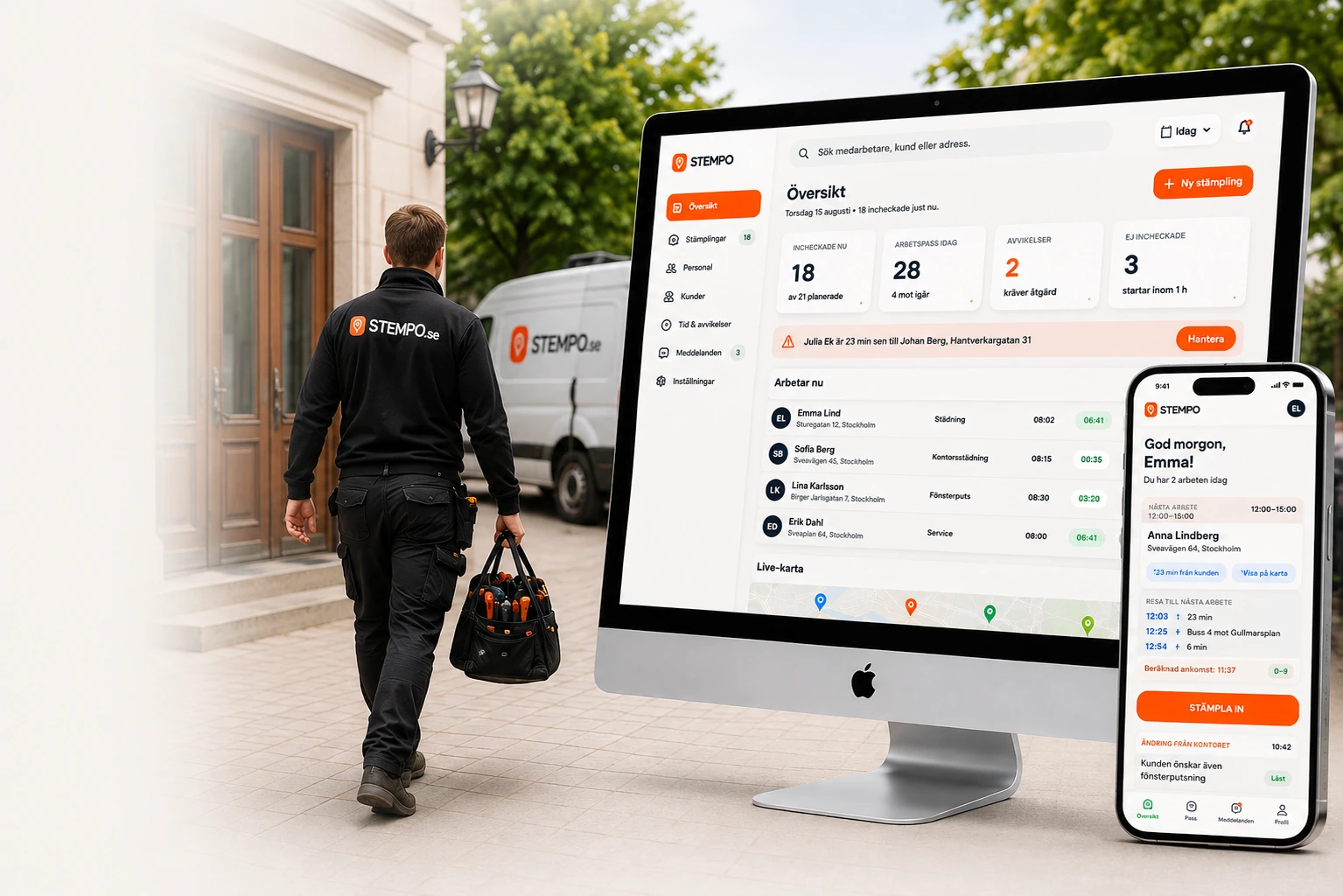 Elektriker på väg till kund, Stempo-översikten på en iMac och mobilappen
