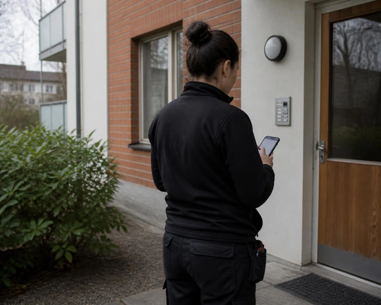 Medarbetare stämplar in med mobilen utanför en kunds entré