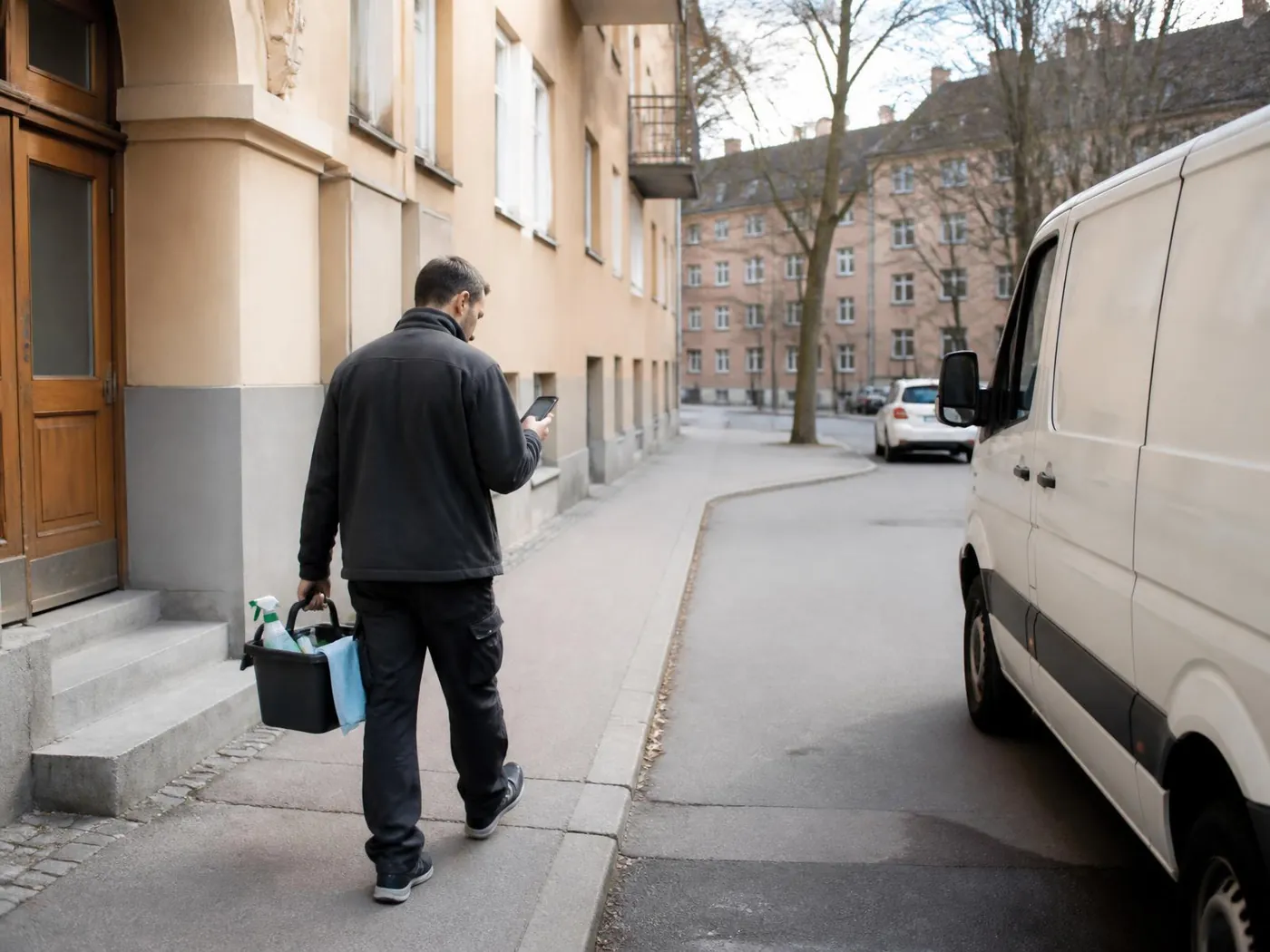Städare lämnar en kundadress och går mot servicebilen för att åka till nästa städning