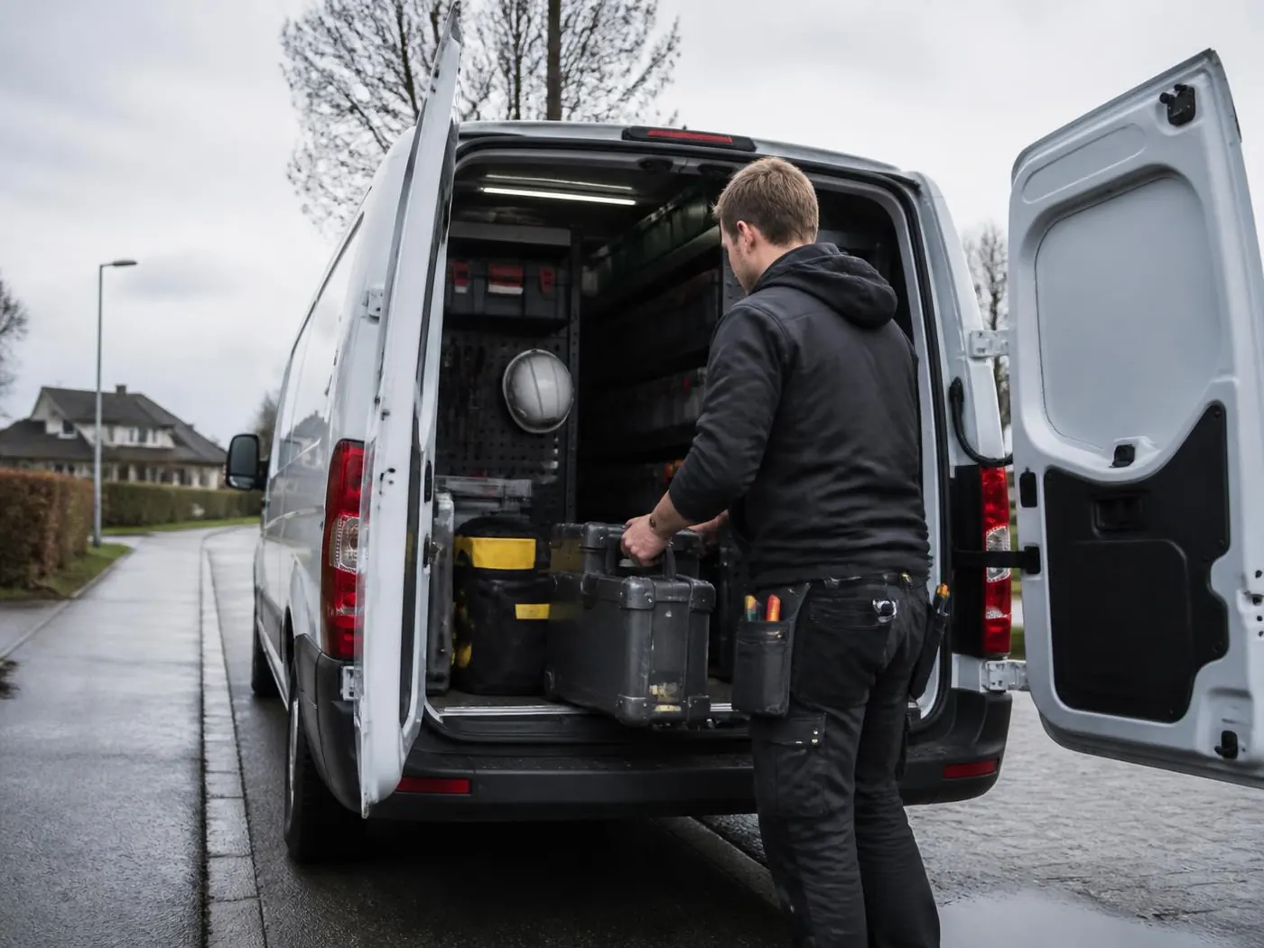 Byggarbetare lastar verktyg i skåpbilen på väg till nästa byggarbetsplats