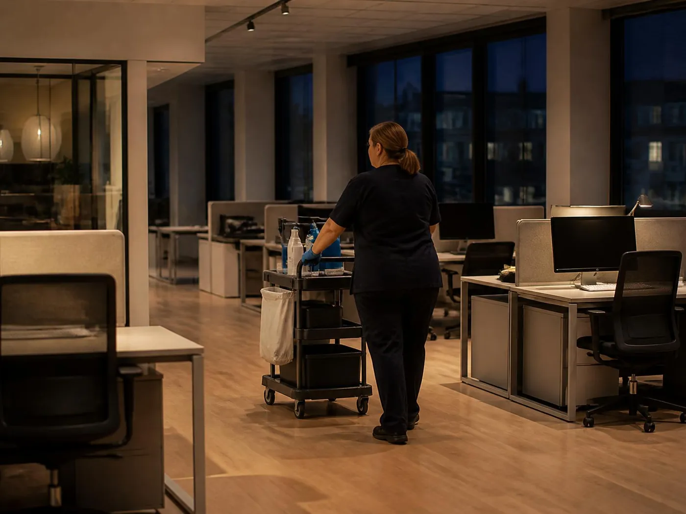 Lokalvårdare med städvagn i ett kontor under kvällsstädning