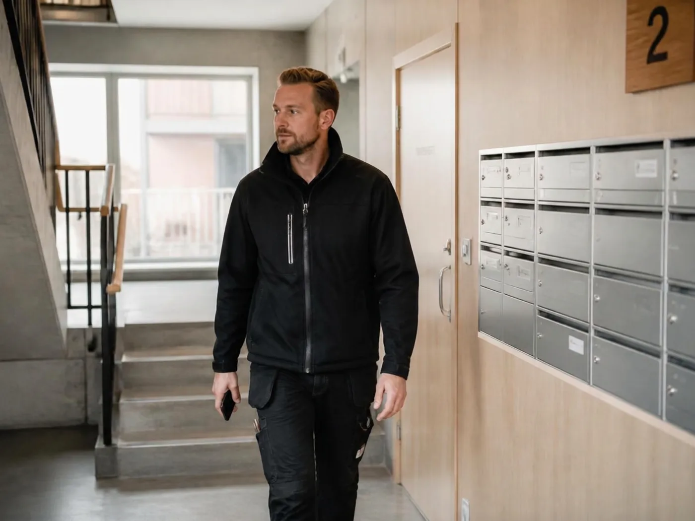 Fastighetsskötare i ett trapphus vid entrén till en bostadsfastighet