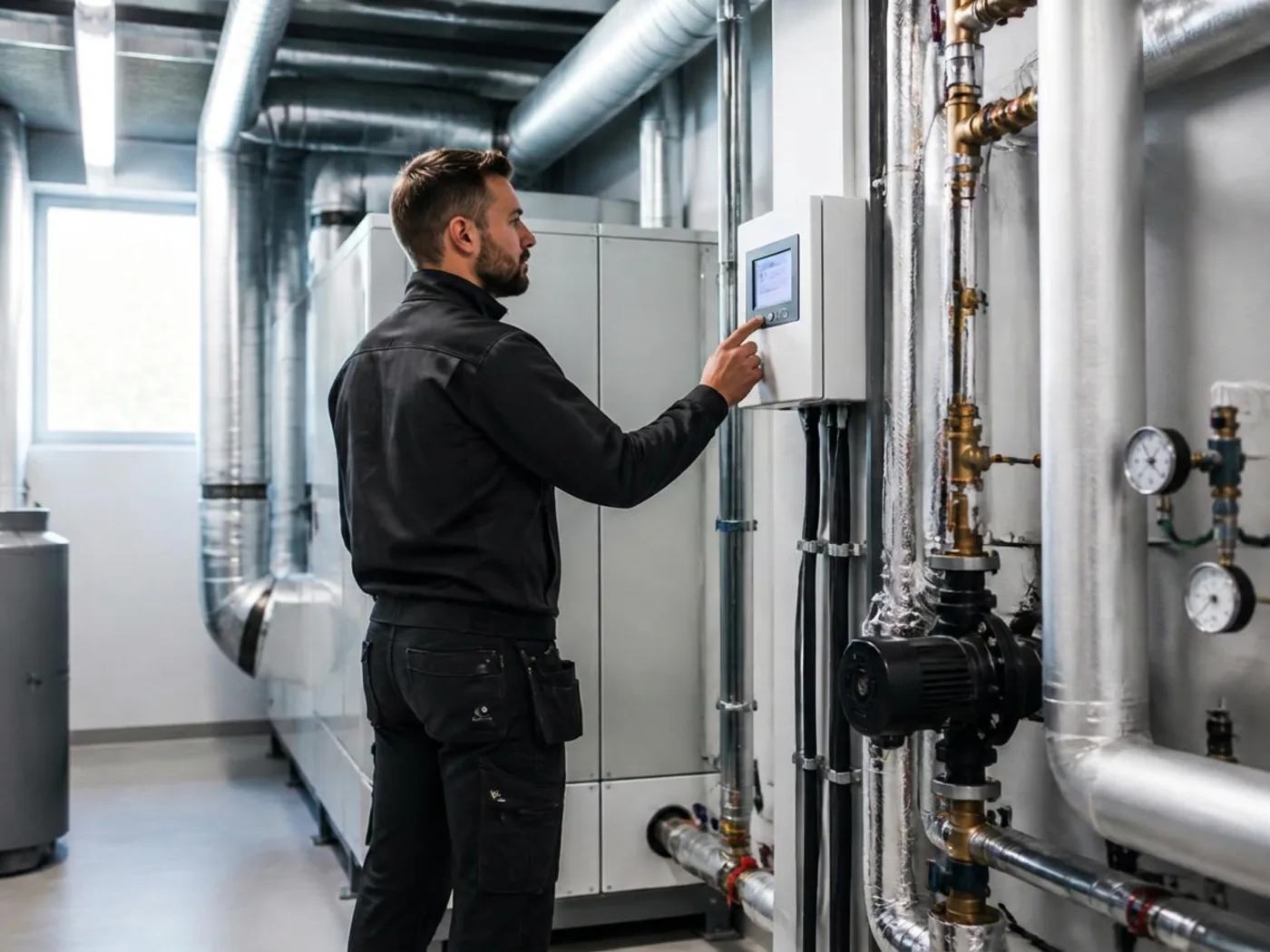 Fastighetstekniker inspekterar ventilation och värmeanläggning i ett teknikrum