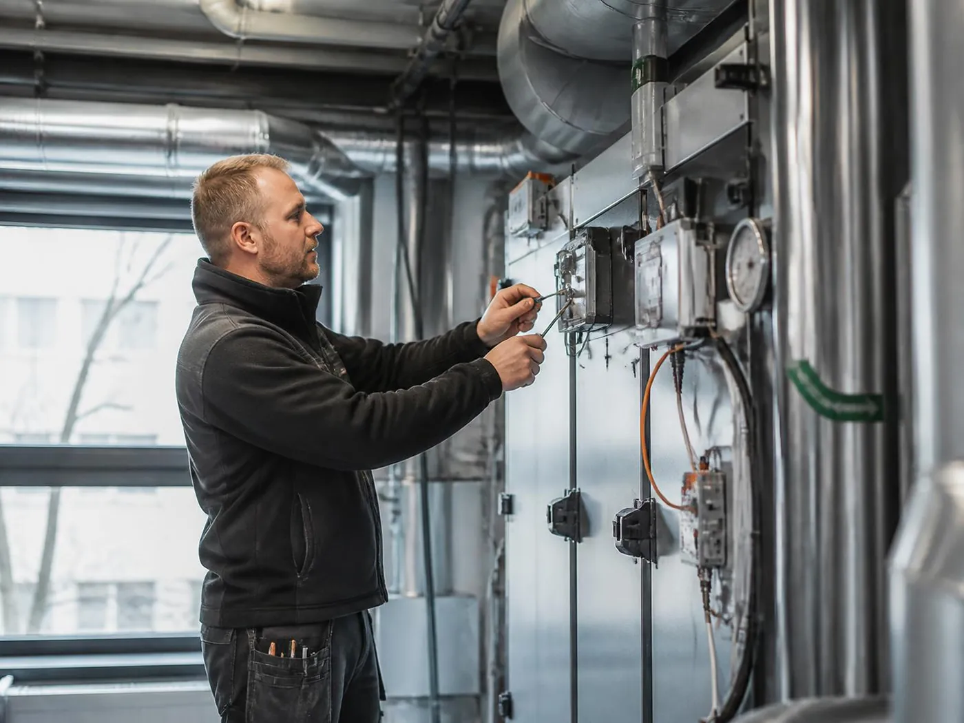 Fastighetstekniker utför service på teknisk utrustning i en kommersiell fastighet
