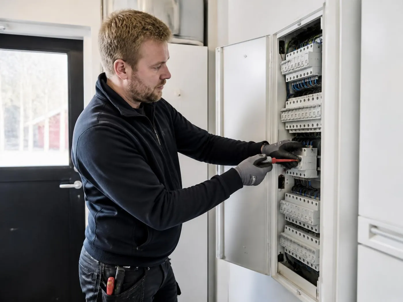 Elektriker arbetar vid en elcentral hemma hos en kund