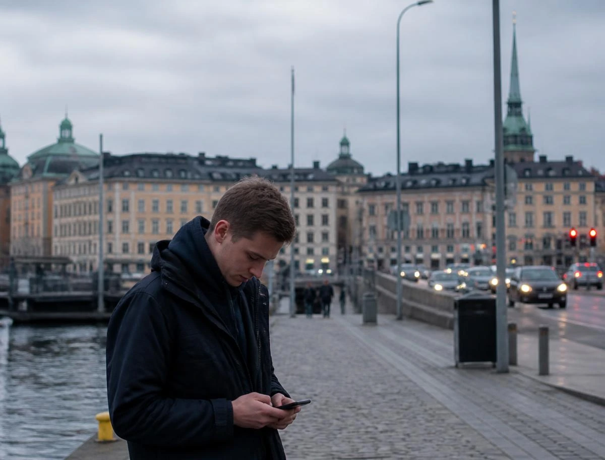 Medarbetare kollar nästa uppdrag i mobilen på väg genom Stockholm